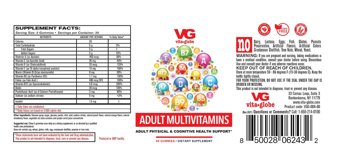 VITA GLOBE Adult Multivitamin Gummy with Vitamin, Vitamin C, Vitamin D Vitamin E, Niacin, Vitamin B6, Folate, Vitamin B12 Biotin, Pantothenic Acid, Sodium, Inisitol, 60 Count (Pack of 1)