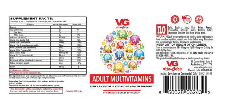 VITA GLOBE Adult Multivitamin Gummy with Vitamin, Vitamin C, Vitamin D Vitamin E, Niacin, Vitamin B6, Folate, Vitamin B12 Biotin, Pantothenic Acid, Sodium, Inisitol, 60 Count (Pack of 1)