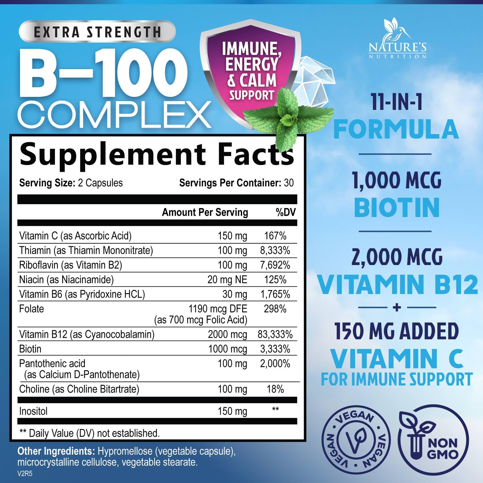 B Complex Vitamins Capsules with Vitamins B6 B12 B100 C Biotin Folate & Folic Acid - Supplement for Heart, Brain, & Nerve Support - Super Complete B-Complex for Immune & Energy Support - 60 Capsules