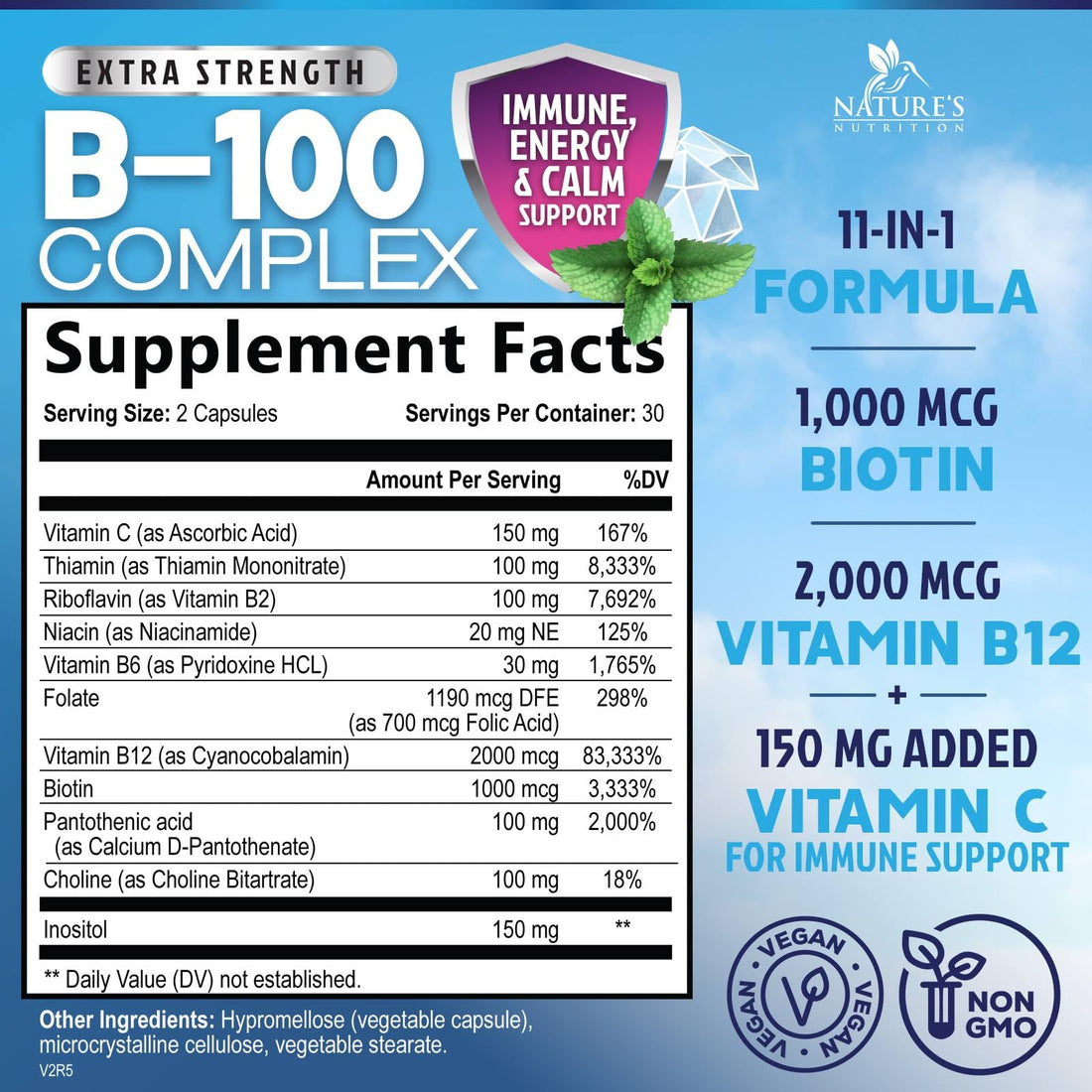 B Complex Vitamins Capsules with Vitamins B6 B12 B100 C Biotin Folate & Folic Acid - Supplement for Heart, Brain, & Nerve Support - Super Complete B-Complex for Immune & Energy Support - 60 Capsules