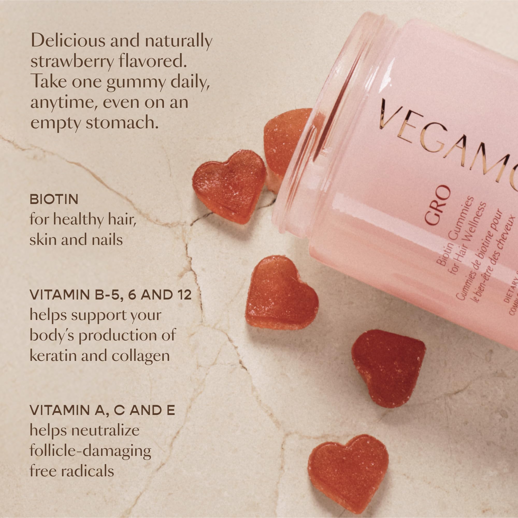 VEGAMOUR GRO Biotin Gummies, Strawberry Flavor with 5000 mcg Biotin, Supports Healthy Hair Vegan Gummies with Vitamins A, B, C, E, B-12 & More, 30 Ct