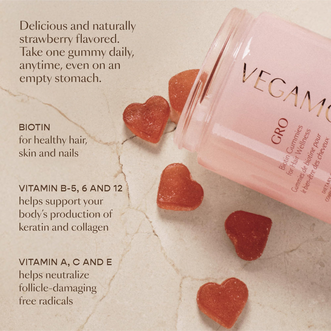 VEGAMOUR GRO Biotin Gummies, Strawberry Flavor with 5000 mcg Biotin, Supports Healthy Hair Vegan Gummies with Vitamins A, B, C, E, B-12 & More, 30 Ct