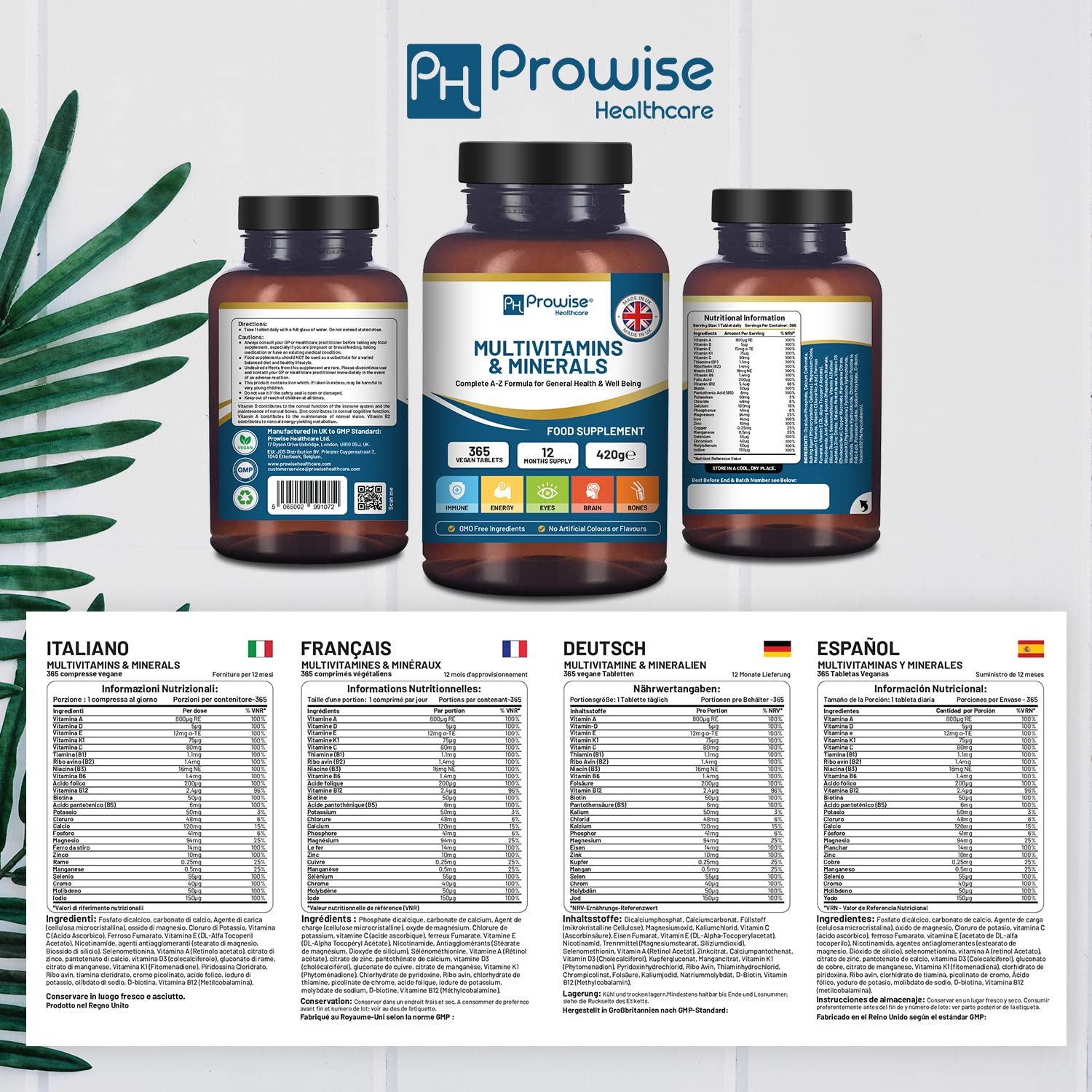 A-Z Multivitamins & Minerals I 365 Vegan Tablets (1 Year Supply) I 26 Essential Active Vitamins, Minerals & Micronutrients for Men and Women I Made in The UK by Prowise Healthcare