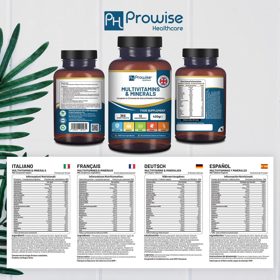 A-Z Multivitamins & Minerals I 365 Vegan Tablets (1 Year Supply) I 26 Essential Active Vitamins, Minerals & Micronutrients for Men and Women I Made in The UK by Prowise Healthcare