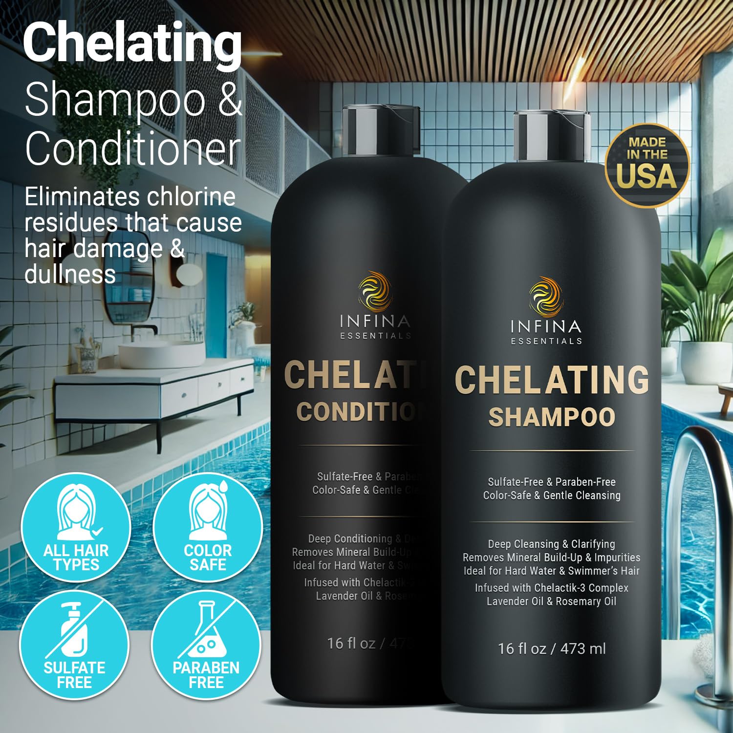 INFINA ESSENTIALS Chelating Hard Water Shampoo and Conditioner Set with Chelactik-3 & Rosemary Oil - Color Safe Metal Detox Shampoo and Conditioner for Mineral Build-Up & Swimmers Hair - 16 fl oz each
