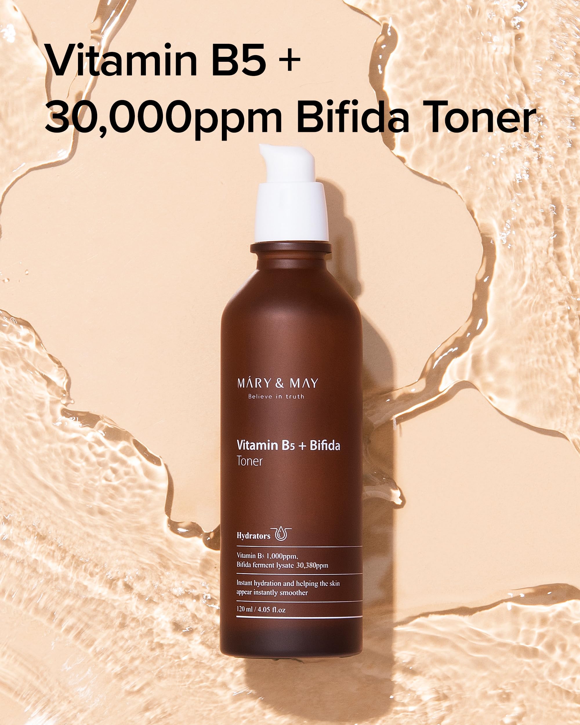 Mary&May Vitamin B5 + Bifida Toner - Nourishing Face Toner for Enhanced Skin Barrier Strength and Moisture Retention - 30,000ppm Bifida Fermentation & 1,000ppm Vitamin B5, 4.06 fl.oz.