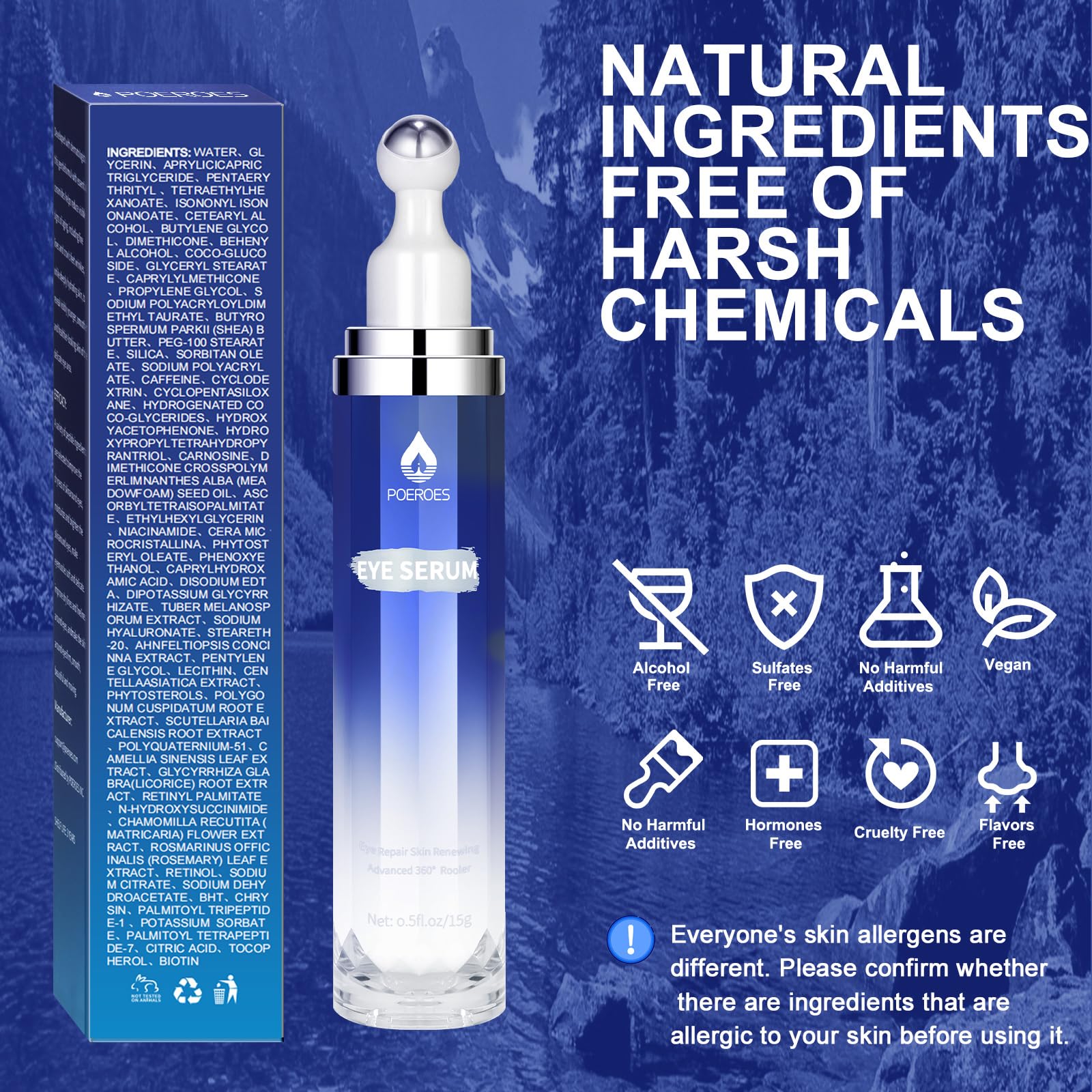 Poeroes Eye Serum with 8% Caffeine 8% Retinol Hyaluronic Acid Niacinamide peptides for Puffy Bags Fine Lines Dark Circles Wrinkles, Under Eye Cream with 360° Roller Massage Ball, 0.5 fl. oz