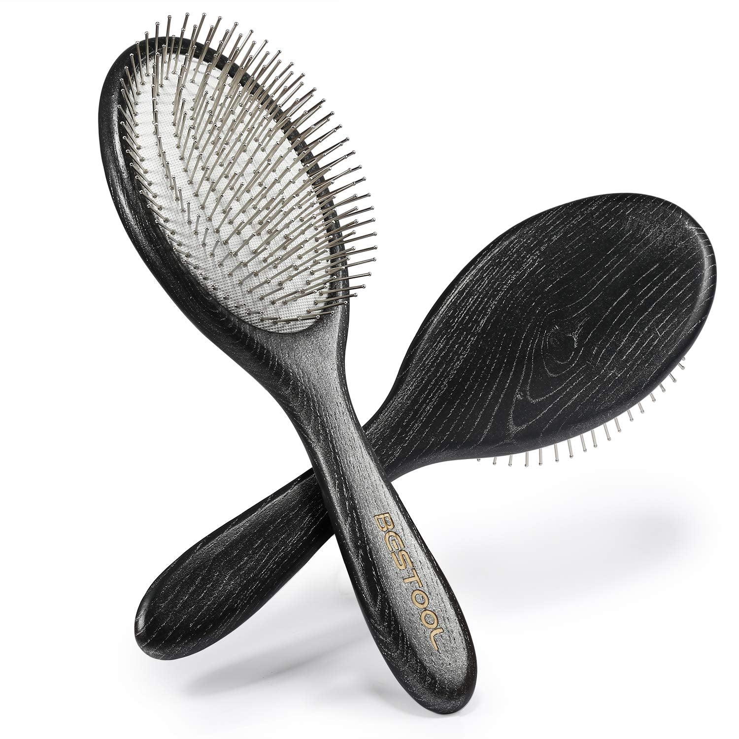 BESTOOL Hair Brush-Natural Wooden Large Paddle Hair Brushes with Metal Pins Scalp Massager Black Detangle Hairbrush for Women Men Baby Hair Care Add Shine and Remove Knots with Ease (Oval)