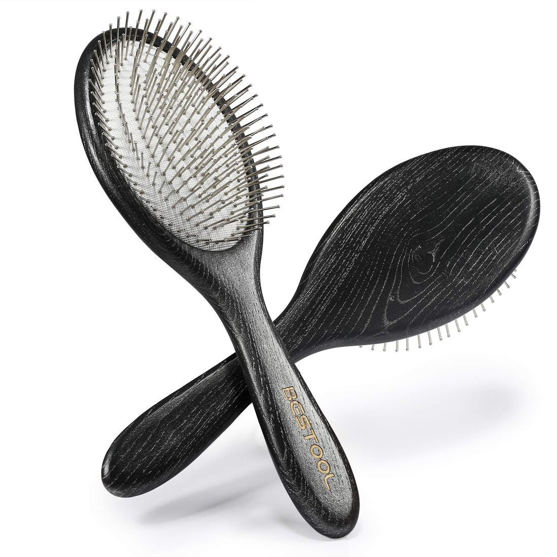 BESTOOL Hair Brush-Natural Wooden Large Paddle Hair Brushes with Metal Pins Scalp Massager Black Detangle Hairbrush for Women Men Baby Hair Care Add Shine and Remove Knots with Ease (Oval)