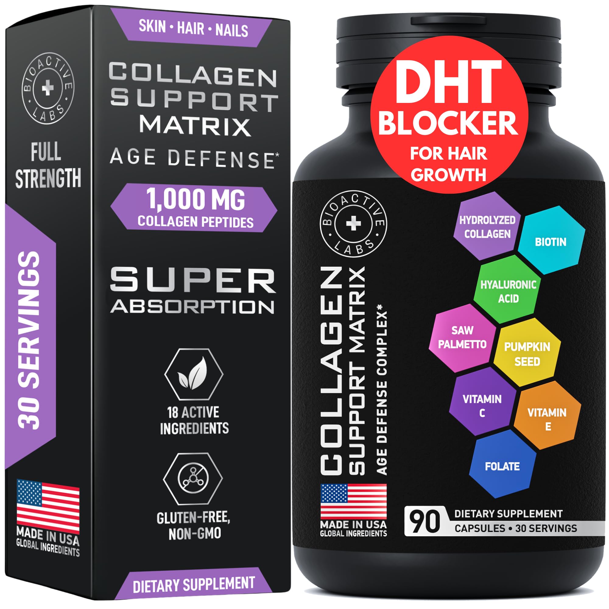 Age Defense Beauty Collagen Matrix - 2,000mg Multi Collagen Biotin Keratin Hyaluronic Acid Saw Palmetto Vitamin C Supplement Complex - DHT Blocker for Men & Women for Hair Growth - 90 Gluten-Free Caps