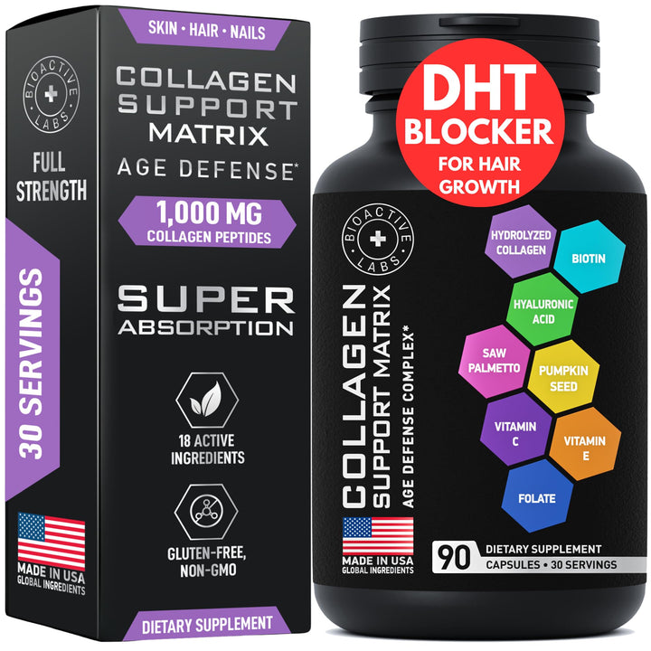Age Defense Beauty Collagen Matrix - 2,000mg Multi Collagen Biotin Keratin Hyaluronic Acid Saw Palmetto Vitamin C Supplement Complex - DHT Blocker for Men & Women for Hair Growth - 90 Gluten-Free Caps