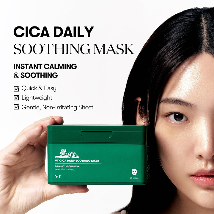 VT COSMETICS CICA Daily Soothing Mask 30 Sheets, Centella Asiatica & Hyaluronic Acid for Moisturizing & Hydrating, Instant Calm & Glow, Skin Softening Facial Mask, Korean Face Mask