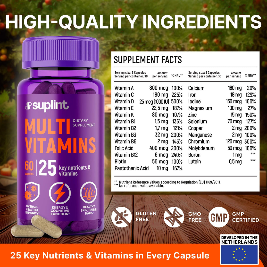 Multivitamin Supplement | Complex with Vitamin A, C, D, E, K1, B, Zinc & Chromium | Hair, Skin & Nail Beauty Vitamins | Immune Support Supplements for Men & Women | 60 Capsules