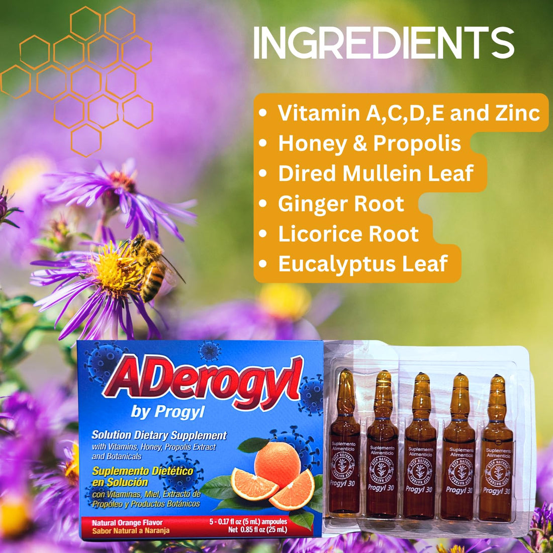 Aderogyl Oral Vitamins with A, C, D, E, Zinc, Bee Honey, Propolis, and Botanical Extracts - Natural Orange Flavor - 5 Ampoules (0.85 fl oz / 25 ml) Immune Support