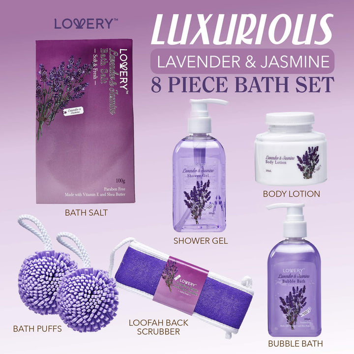 Bath and Body Gift Basket For Women and Men â‚¬â€œ Lavender and Jasmine Home Spa Set with Body Lotions, Bubble Bath and More