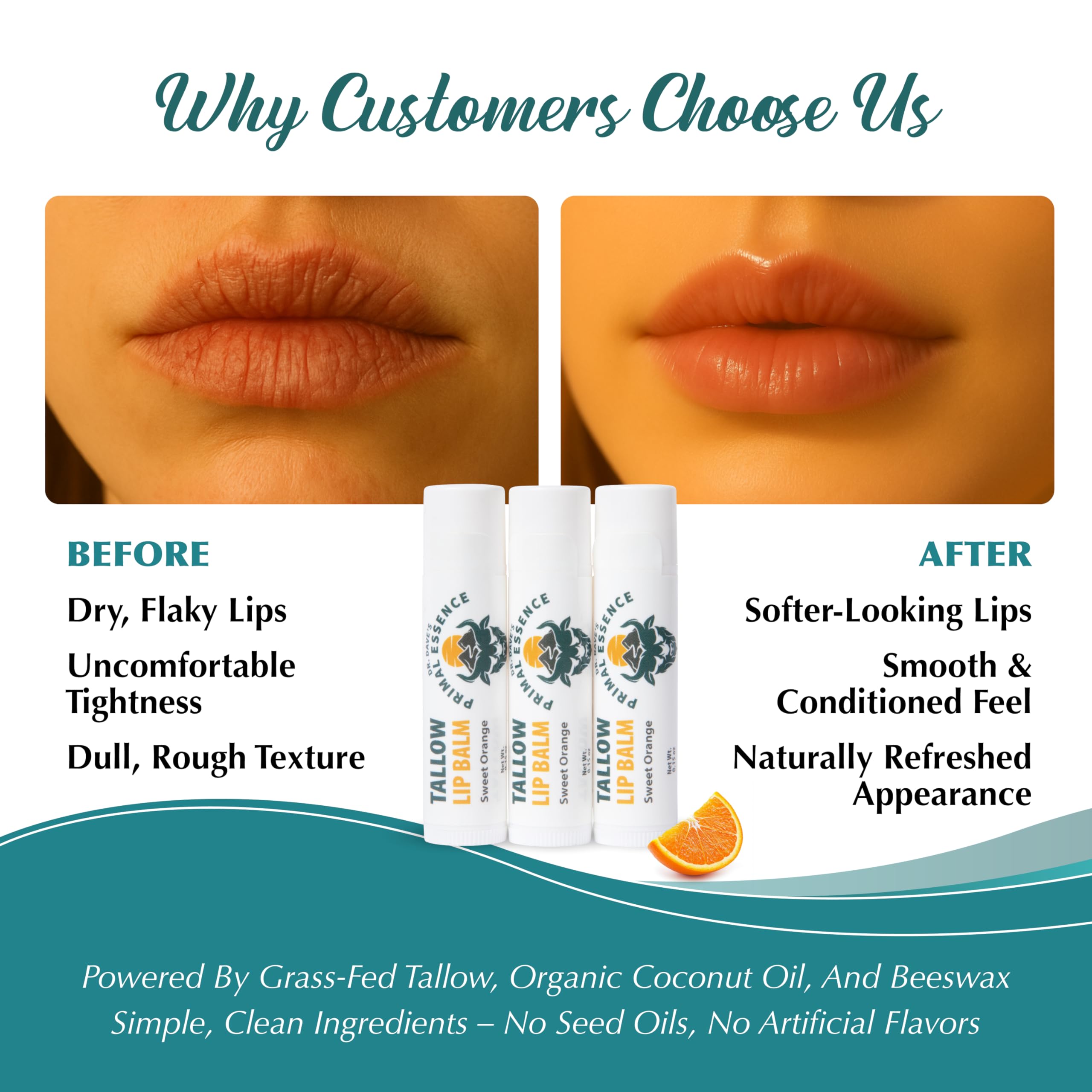 Moisturizing Tallow Lip Balm – Grass-Fed Beef Tallow with Organic Coconut Oil, Beeswax, and Vitamin E – Sweet Orange – Lip Balm Set – Travel Essential – 3-Pack