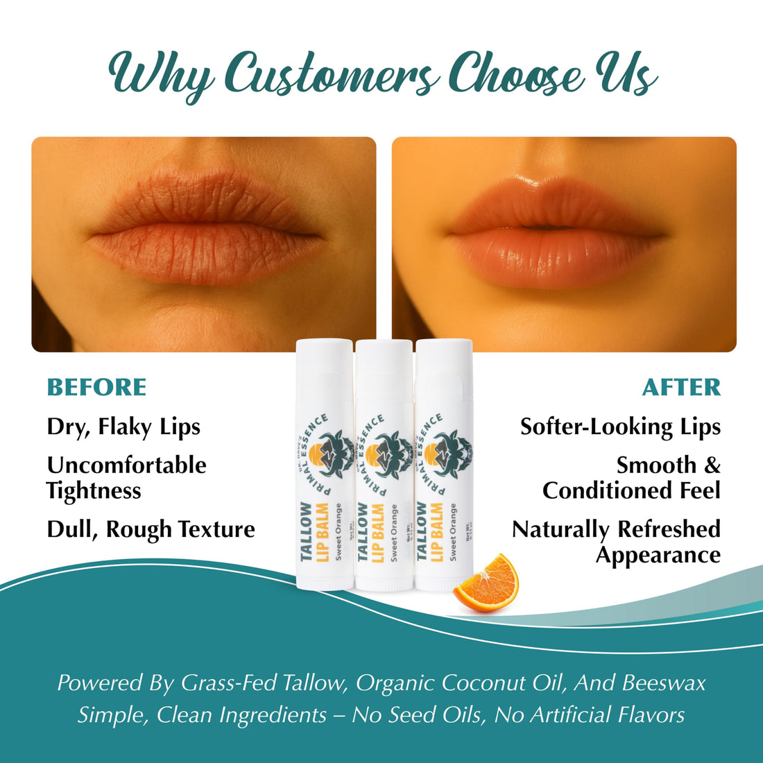 Moisturizing Tallow Lip Balm – Grass-Fed Beef Tallow with Organic Coconut Oil, Beeswax, and Vitamin E – Sweet Orange – Lip Balm Set – Travel Essential – 3-Pack