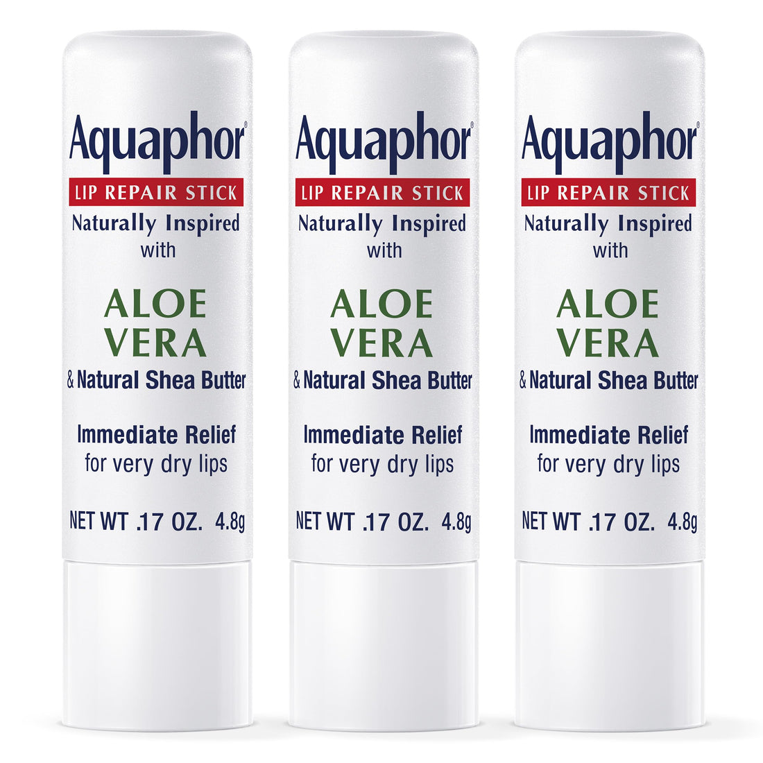 Aquaphor Naturally Inspired Lip Repair Stick with Aloe Vera and Natural Shea Butter, Hydrating Lip Balm Stick Immediately Relieves Dryness and Soothes Chapped Lips, 0.17 Oz Stick, Pack of 3