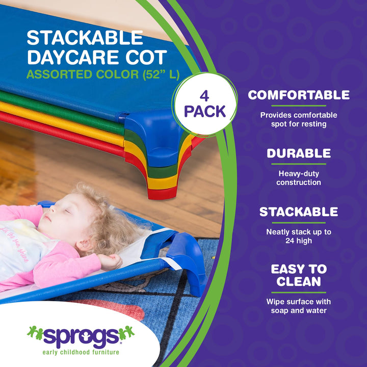 Sprogs Heavy-Duty Stackable Standard Size 52L Daycare Cots for Kids and Toddlers, Stacking Preschool Classroom Kids Cots for Sleeping, Resting, Naptime, Pack of 4, Assorted Color