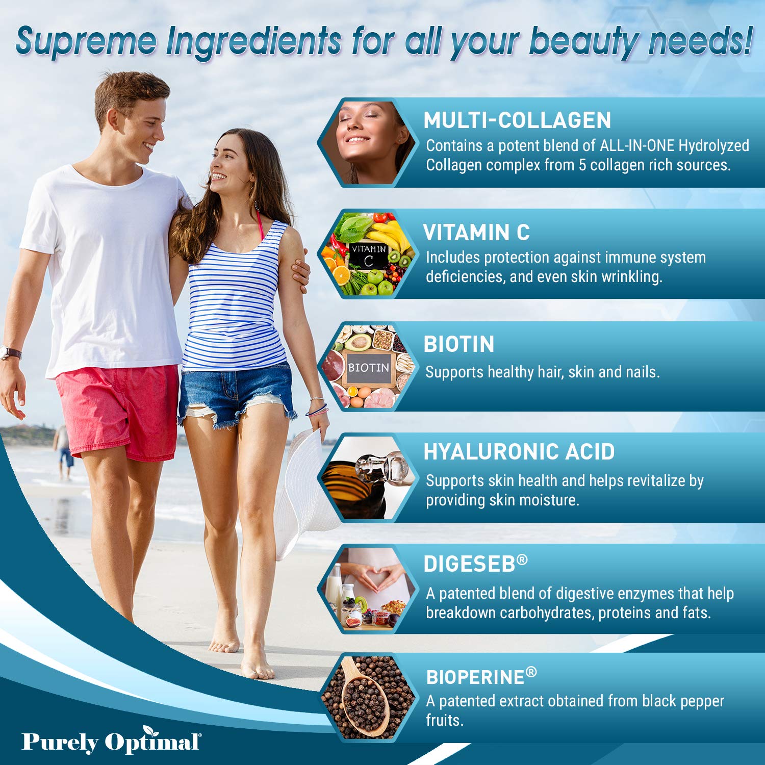 Premium Multi Collagen Peptides (Types I, II, II, V, X) - Collagen Pills for Skin Care, Hair Growth, Nails & Joints - Vitamin C, Hyaluronic Acid, Biotin, Gluten Free - 120 Collagen Capsules