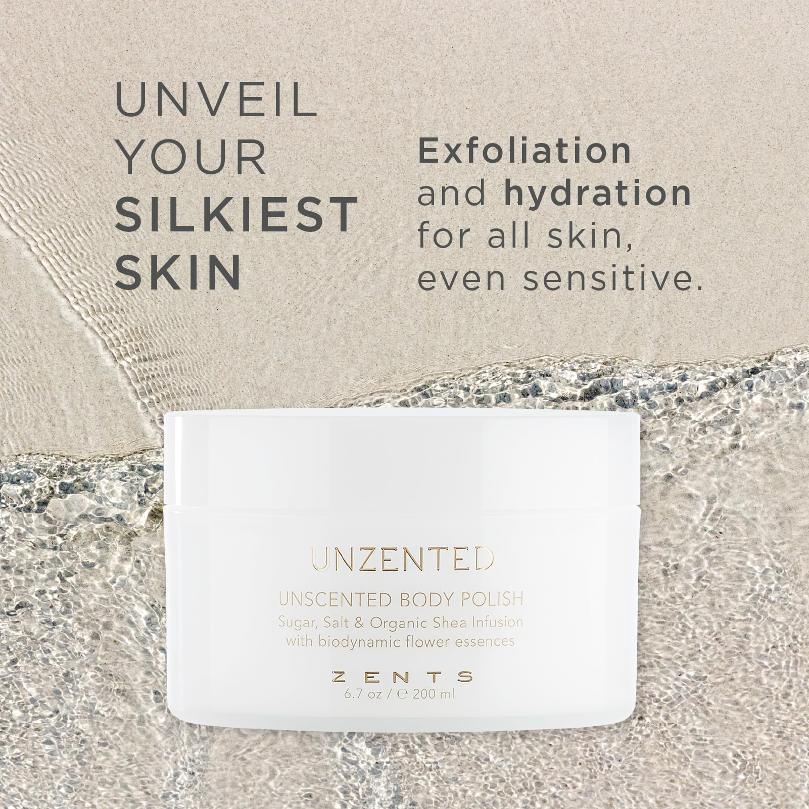 ZENTS Body Polish, Exfoliating Salt & Sugar Body Scrub with Organic Shea Butter, Unzented Fragrance Free for Sensitive Skin, 6.7 oz