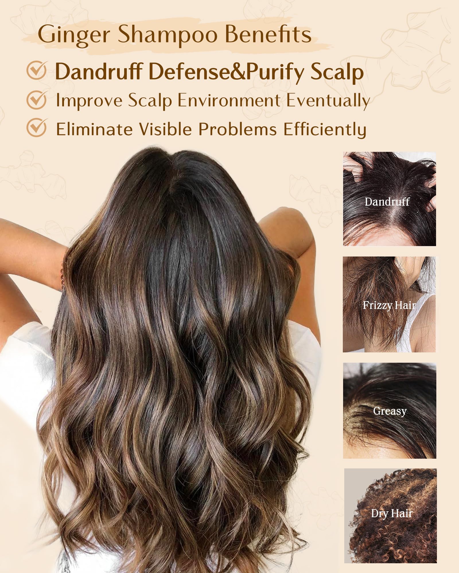 YANIBEST Anti Dandruff Shampoo Natural Formula Ginger Shampoo, Organic Shampoo, Improve Scalp Environment, for Clarifying Strengthen Moisturize, Itch-free