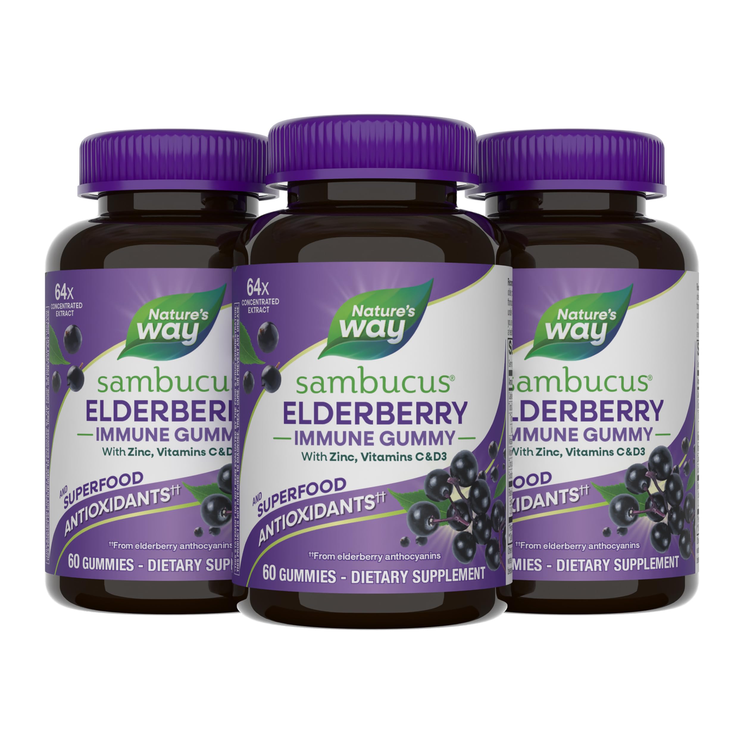 Nature's Way Sambucus Elderberry Immune Support Gummies for Kids & Adults* with Black Elderberry Extract, Vitamin C, Vitamin D3, and Zinc, 60 Gummies (Set of 3)