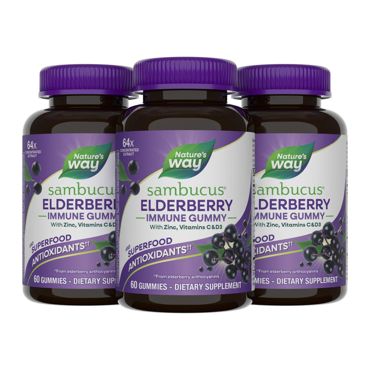 Nature's Way Sambucus Elderberry Immune Support Gummies for Kids & Adults* with Black Elderberry Extract, Vitamin C, Vitamin D3, and Zinc, 60 Gummies (Set of 3)