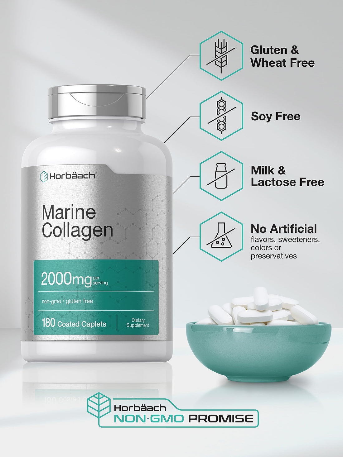 Horbäach Marine Collagen Peptides 2000mg | 180 Caplet Capsules | with Calcium | Non-GMO, Gluten Free Supplement