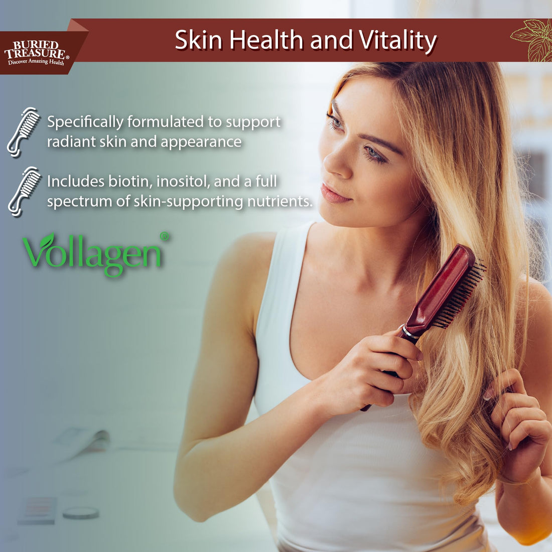 Buried Treasure Nature's Vollagen, Liquid Vegan Collagen, Biotin, MCT, Vitamin C, Hyaluronic Acid, Plant Based Collagen from Free Form Amino Acids, for Healthy Hair Skin and Nails Support for Women
