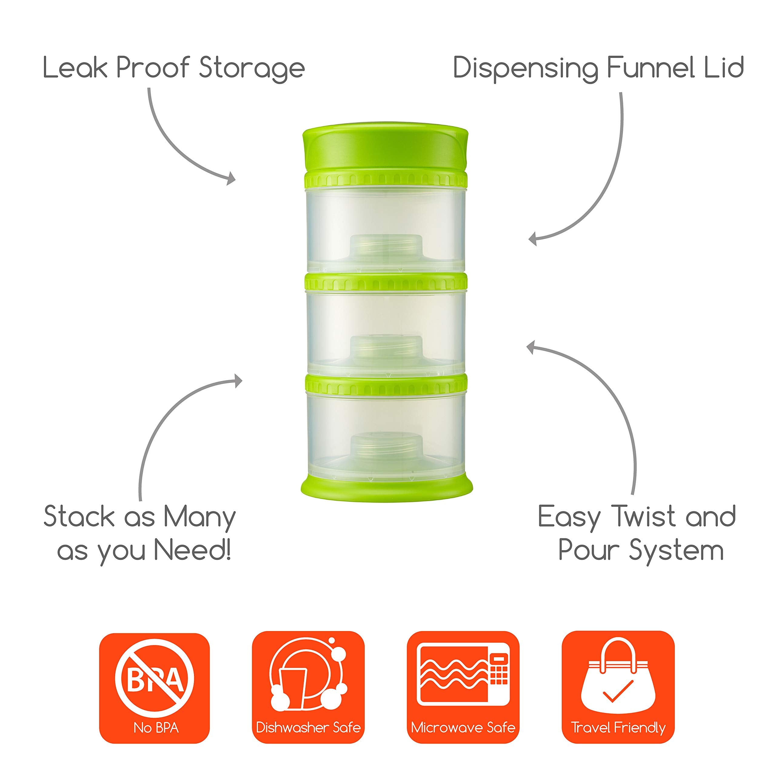 Innobaby Packin' Smart Stackable and Portable Storage System for Formula, Liquid, Baby Snacks and More. 3 Stackable Cups in Lime. BPA Free, 12 Ounce
