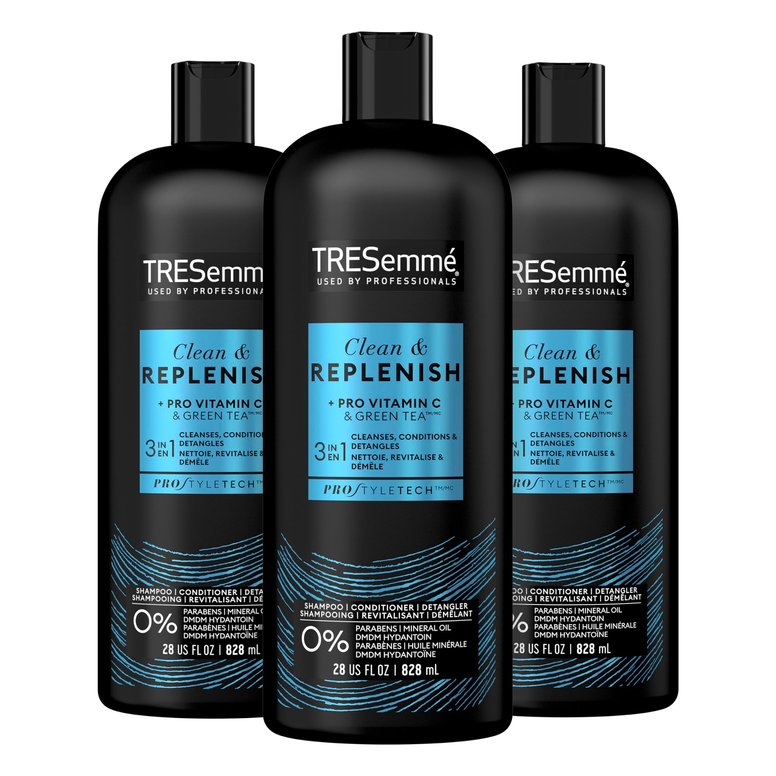 TRESemmé 3-in-1 Shampoo, Conditioner, & Detangler Clean & Replenish Pack of 3 to Cleanse, Condition, & Detangle, with Pro Vitamin C & Green Tea, 28 oz