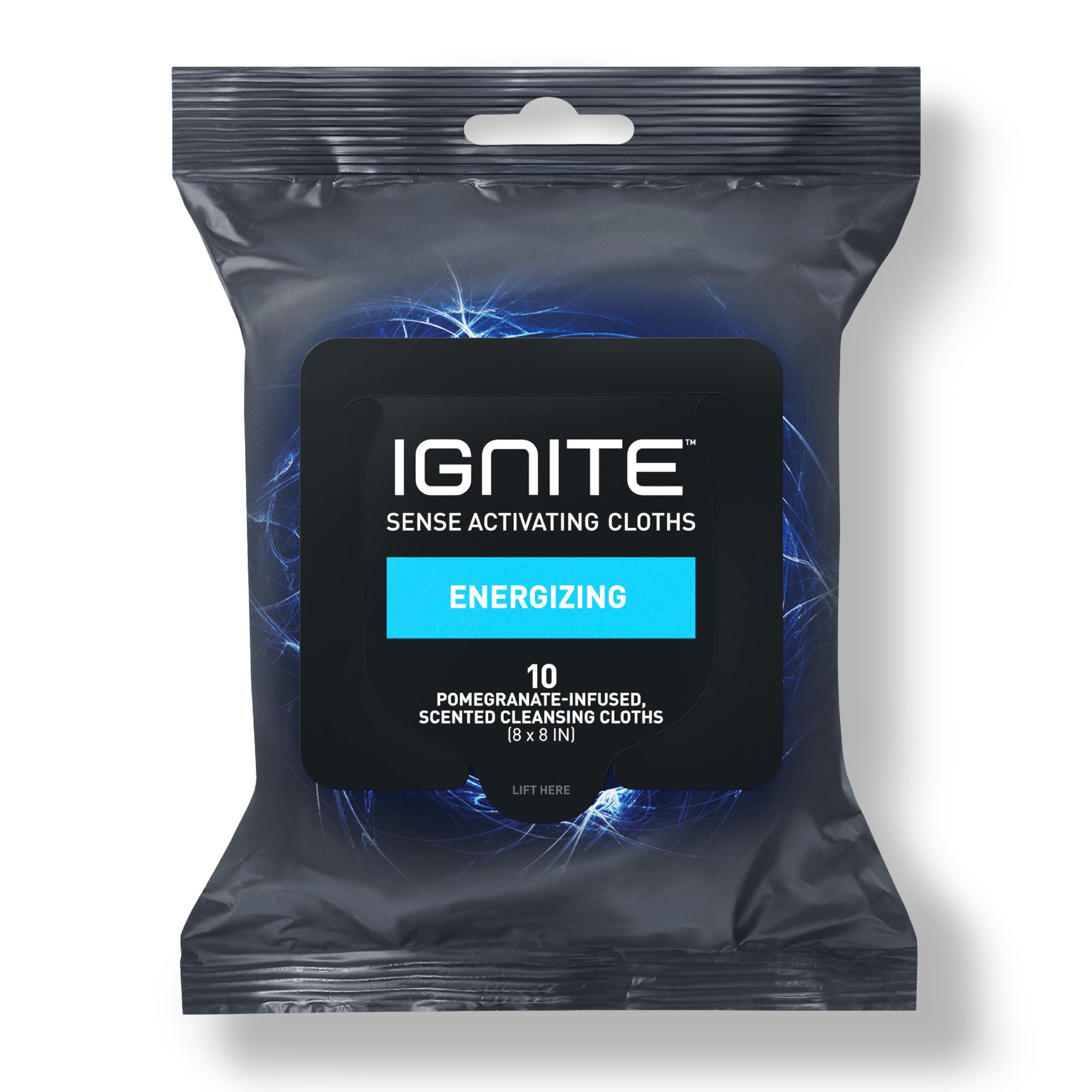 Ignite Mens Body Wipes, Shower Wipes With Bold Energizing Scent, 10 Wipes, Great for After Gym Wipes, Camping Wipes, Travel wipes, Extra Thick 8 X 8 Wipes
