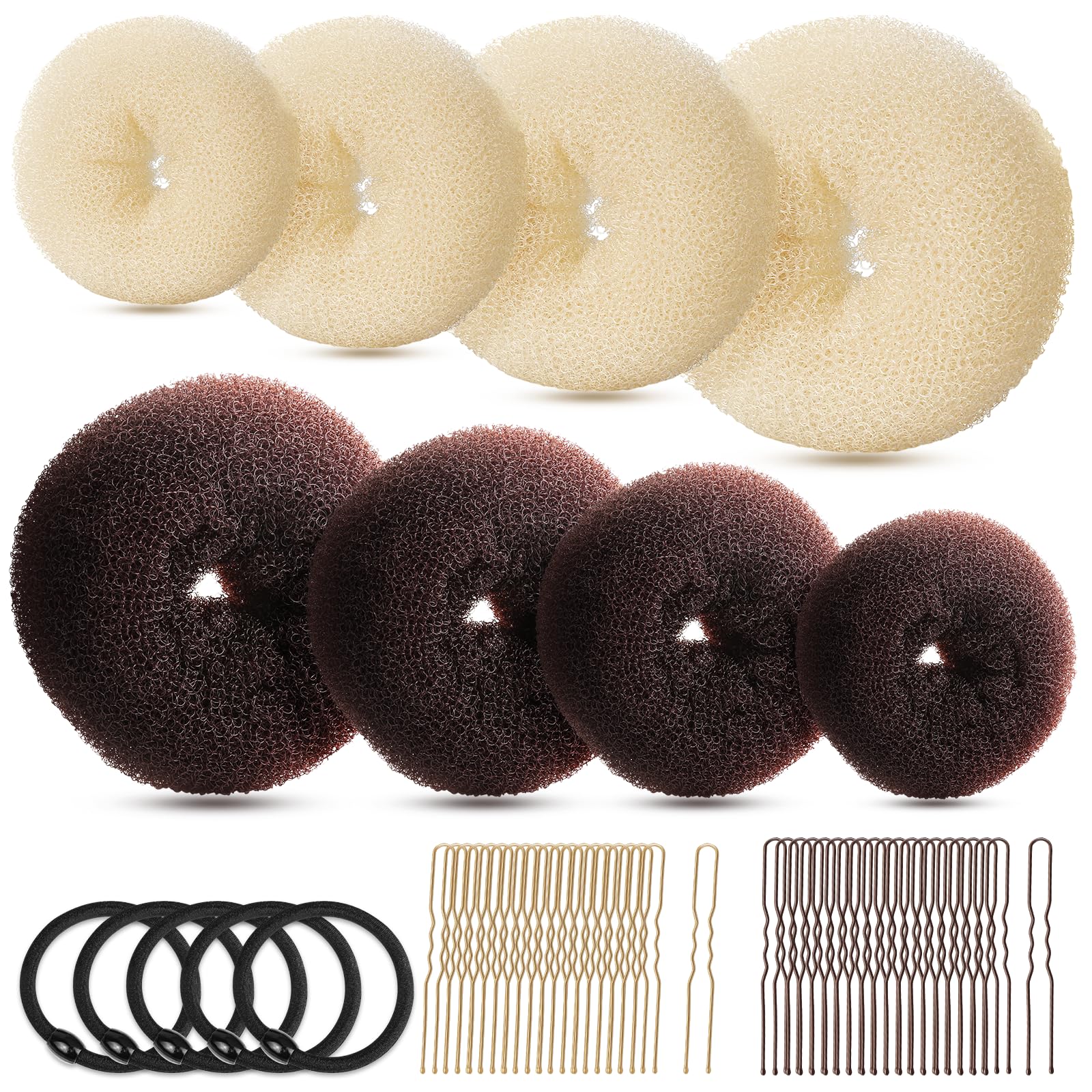 Hair Bun Maker Set, FANDAMEI Donut Bun Maker Set With 4pcs Dark Brown &4pcs Beige(2 extra-large,2 large,2 medium and 2 small), 5 pieces Hair Elastic Bands, 40 pieces Hair Bobby Pins (Brown and Gold)