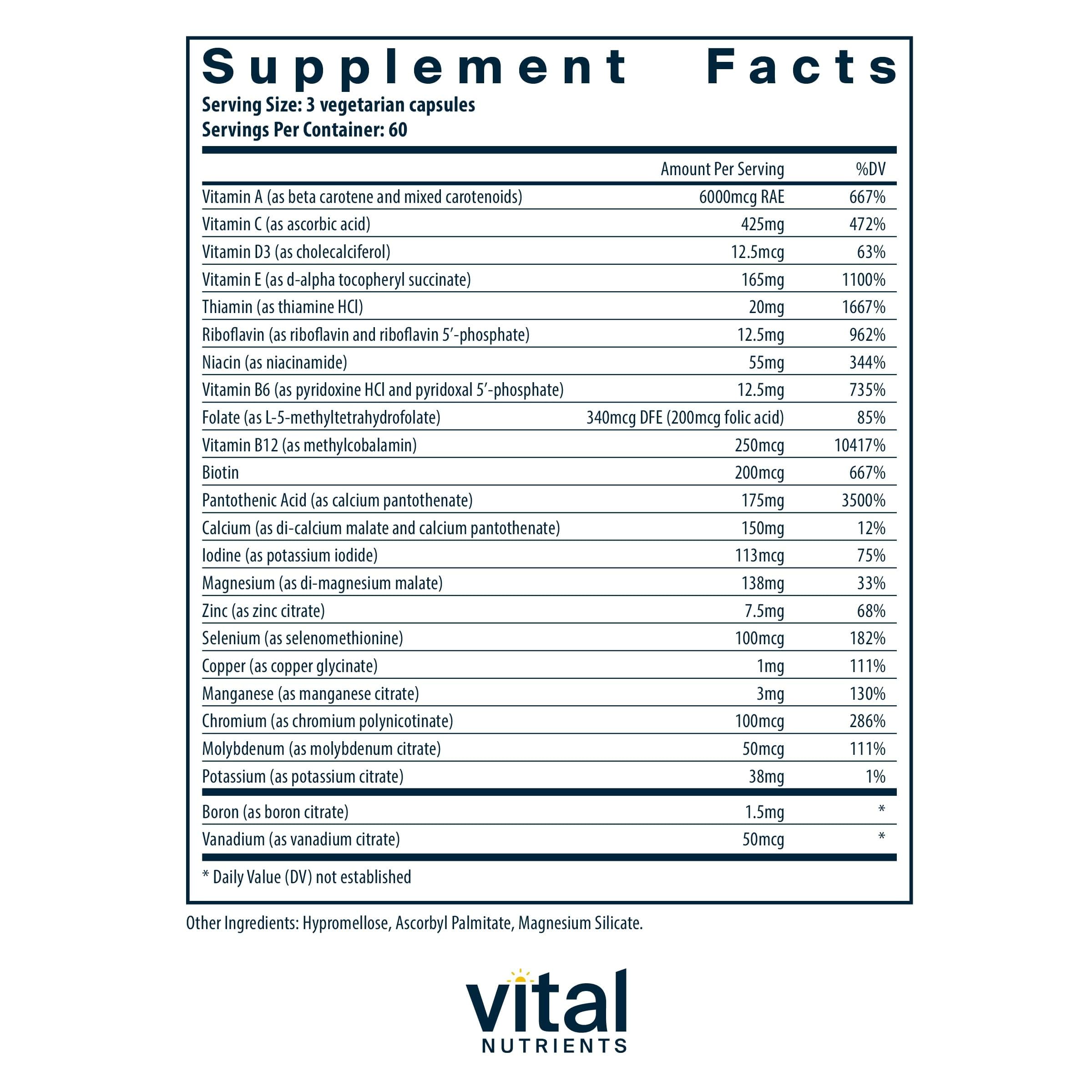Vital Nutrients - Multi-Nutrients 2 - Citrate/Malate Formula (with Copper and Without Iron) - Multi-Vitamin/Mineral, Potent Antioxidants, Gentle Bioavailable Form - 180 Vegetarian Capsules per Bottle