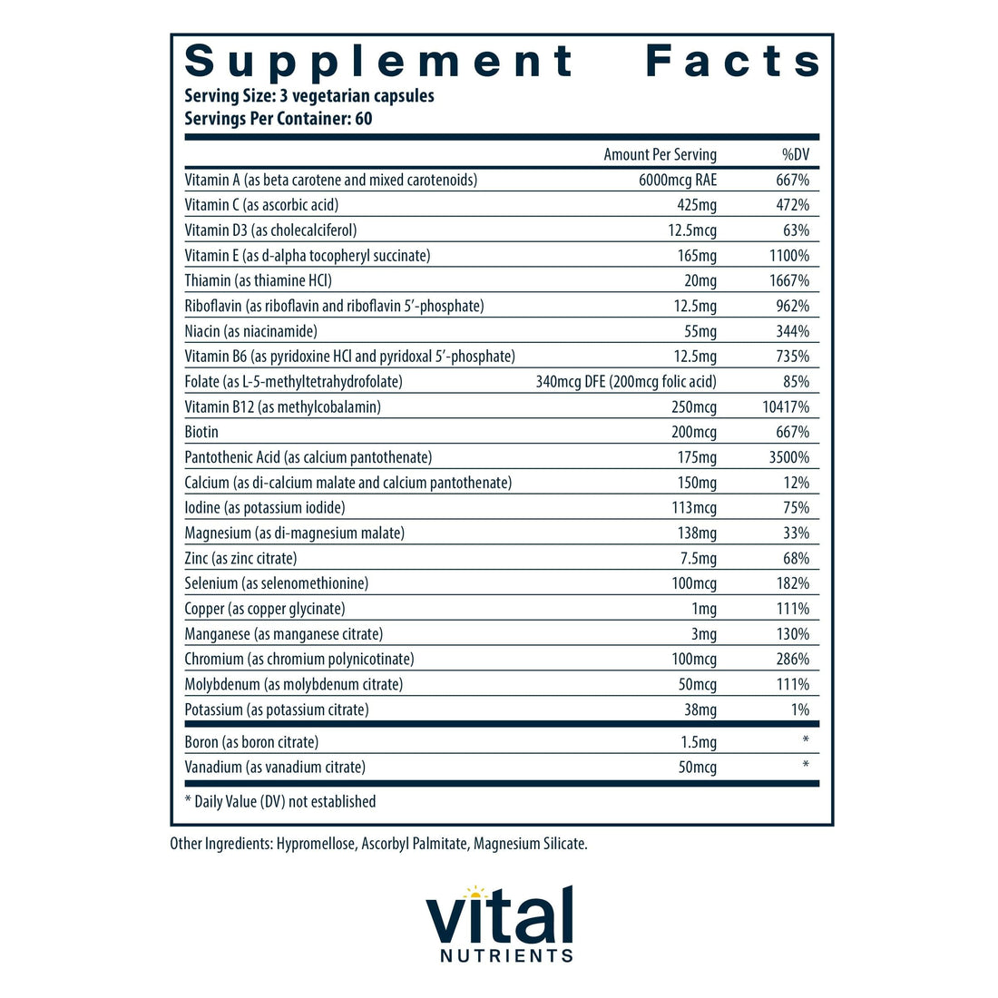 Vital Nutrients - Multi-Nutrients 2 - Citrate/Malate Formula (with Copper and Without Iron) - Multi-Vitamin/Mineral, Potent Antioxidants, Gentle Bioavailable Form - 180 Vegetarian Capsules per Bottle
