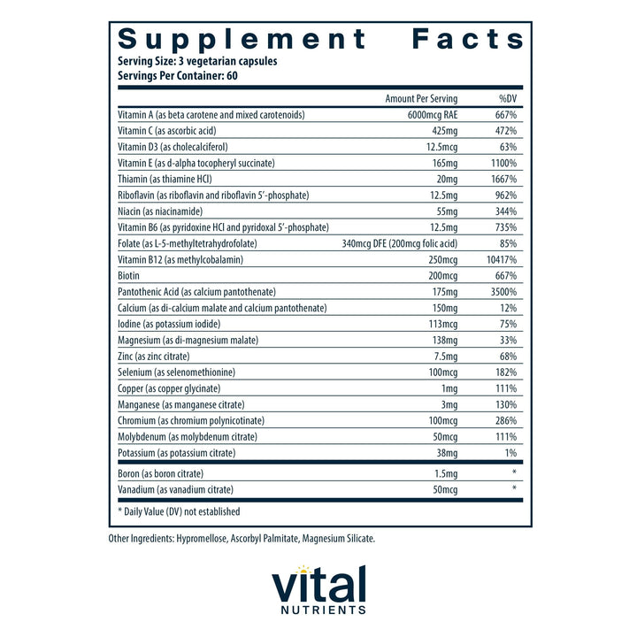 Vital Nutrients - Multi-Nutrients 2 - Citrate/Malate Formula (with Copper and Without Iron) - Multi-Vitamin/Mineral, Potent Antioxidants, Gentle Bioavailable Form - 180 Vegetarian Capsules per Bottle
