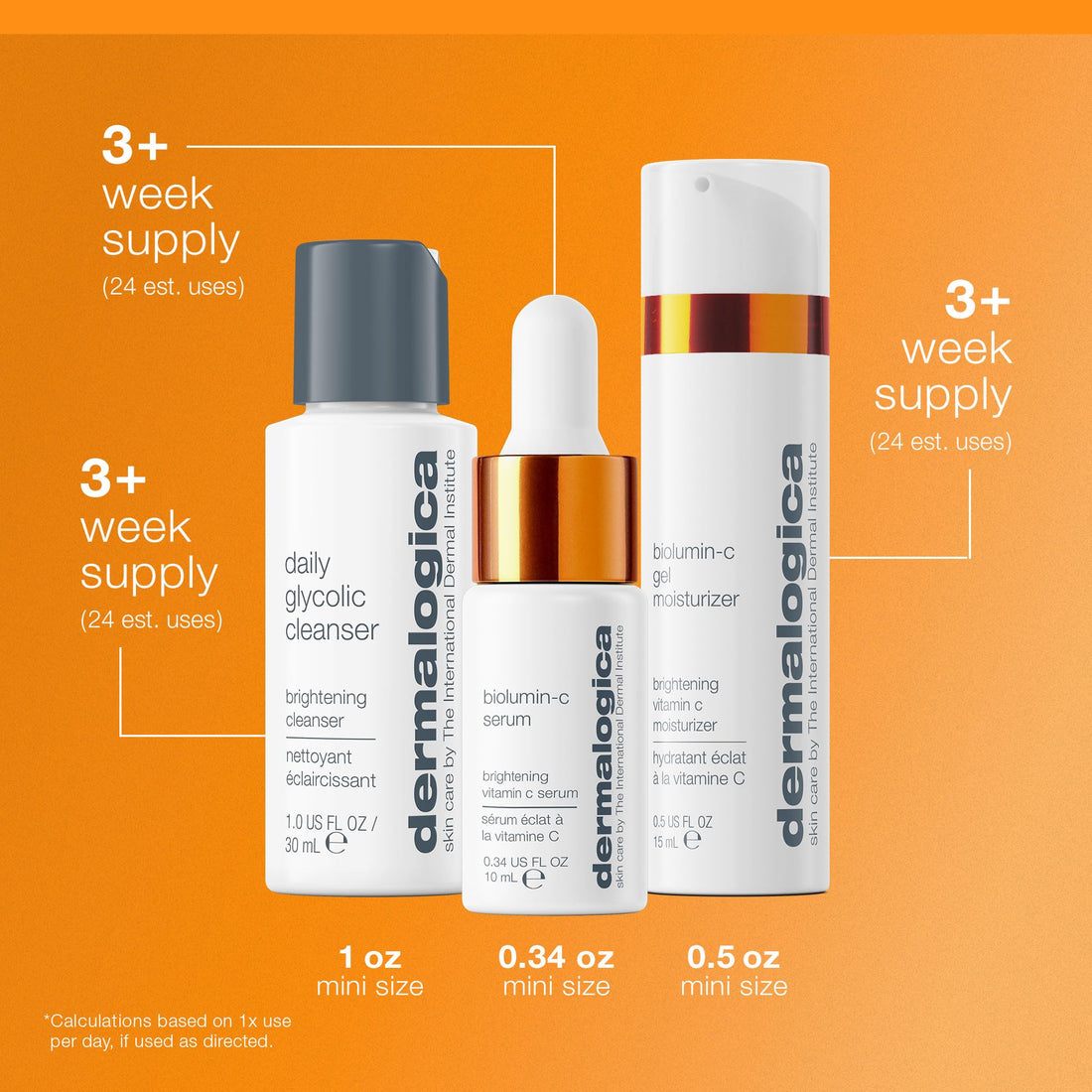 Dermalogica Daily Brightness Boosters Facial Skin Care Kit - Contains BioLumin-C Serum (0.3 oz), BioLumin-C Gel Moisturizer (0.5 oz), and Daily Glycolic Cleanser (1 oz)