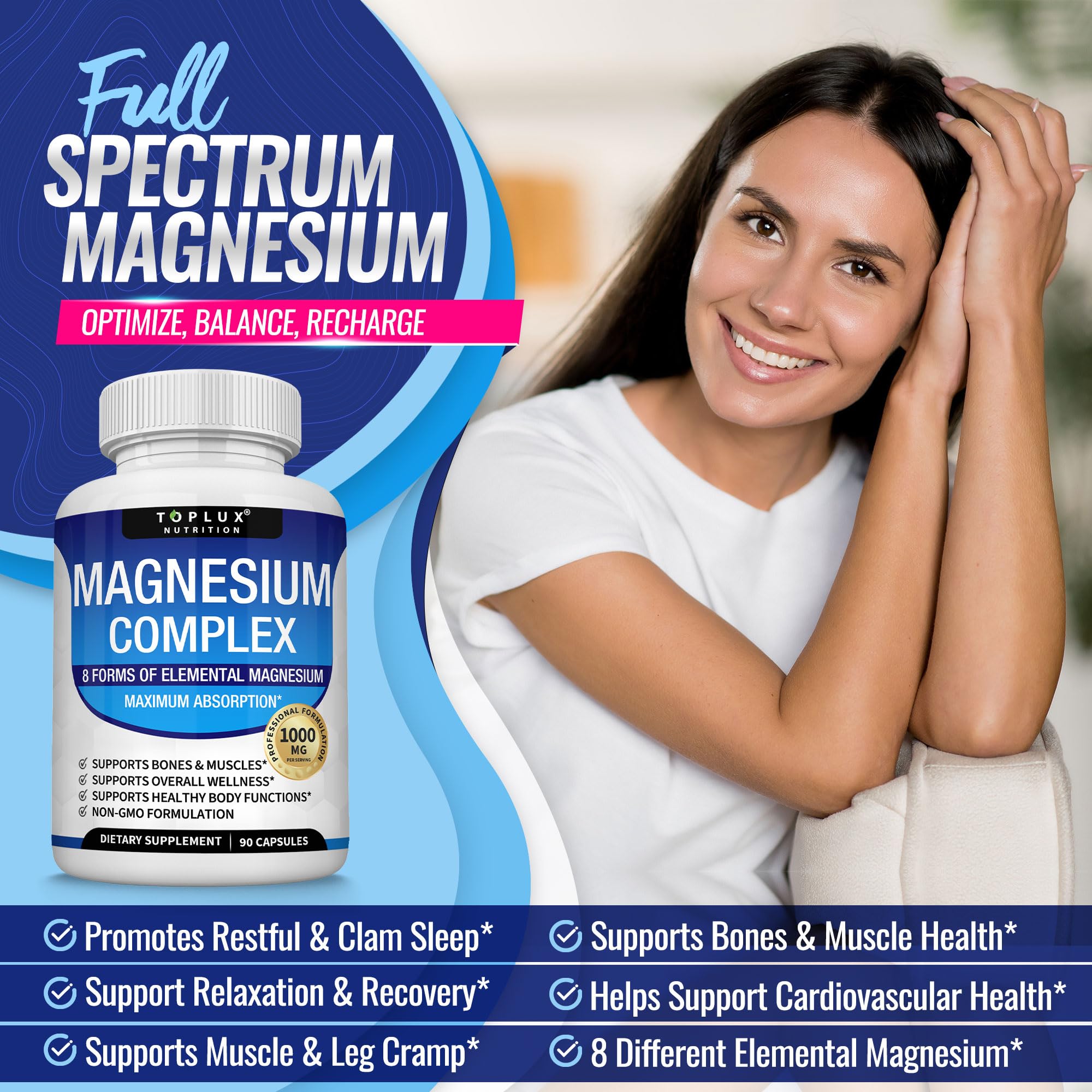 Magnesium Complex Supplement 8 Elemental Magnesium 1000mg - Magnesium Glycinate, Citrate, Malate, Taurate, Chelated for Easy Absorption for Bones, Muscle, Recovery, Energy, Vegan Non-GMO 90 Capsules
