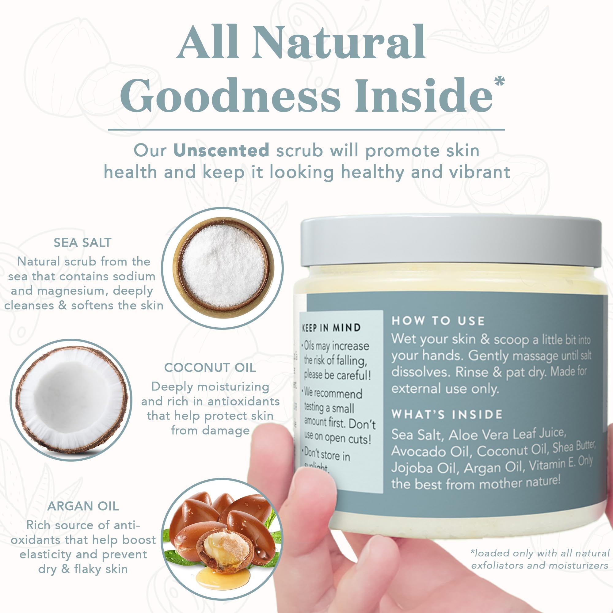 Bare Botanics Unscented Body Scrub 24 oz - Naturally Scented Sea Salt Scrub Made in Madison, WI - Formulated w/Skin Loving Moisturizers - Vegan, Cruelty Free Exfoliator w/a Cute Wooden Spoon