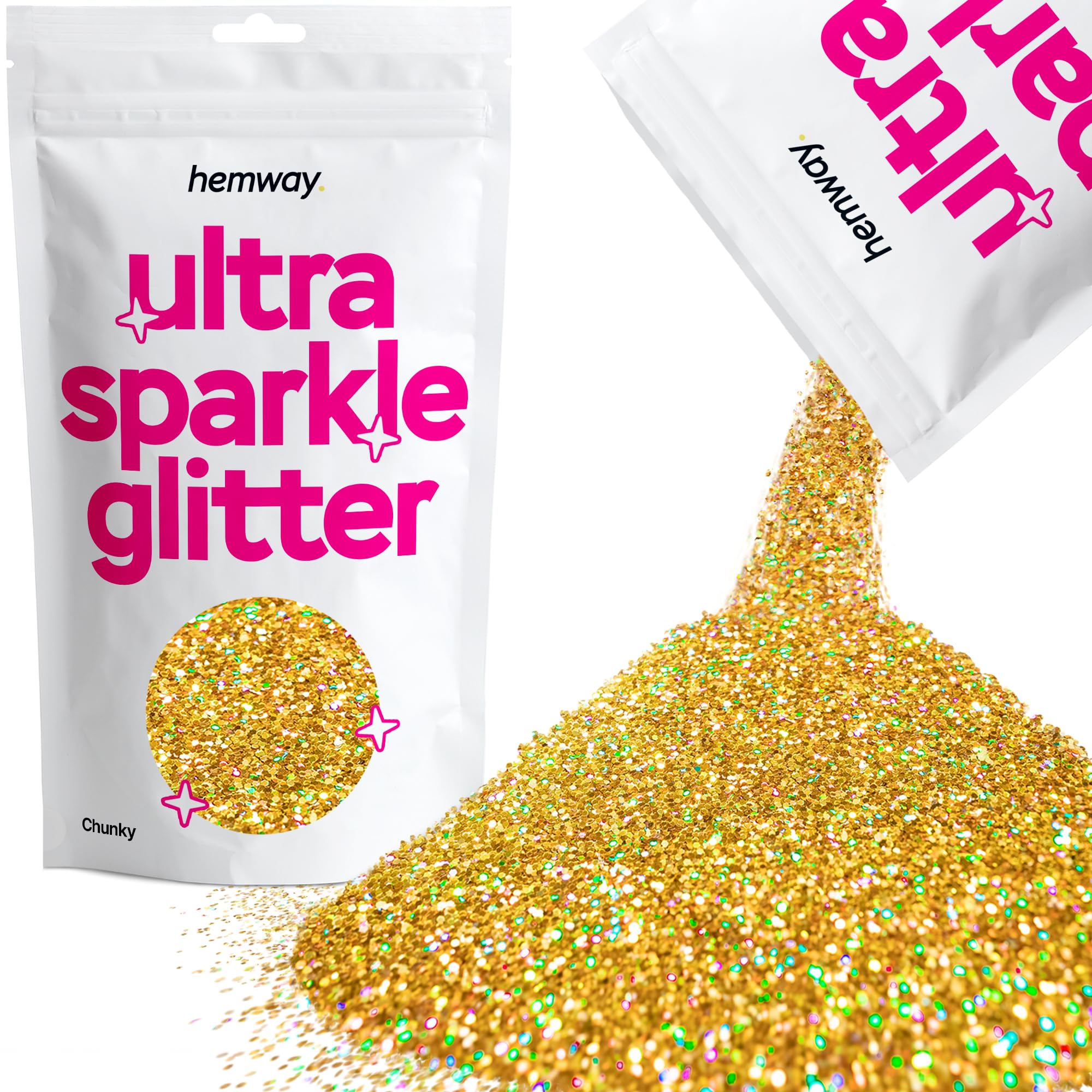 Hemway Premium Ultra Sparkle Glitter Multi Purpose Metallic Flake for Arts Crafts Nails Cosmetics Resin Festival Face Hair - Gold Holographic - Chunky (1/40 0.025 0.6mm) 100g / 3.5oz