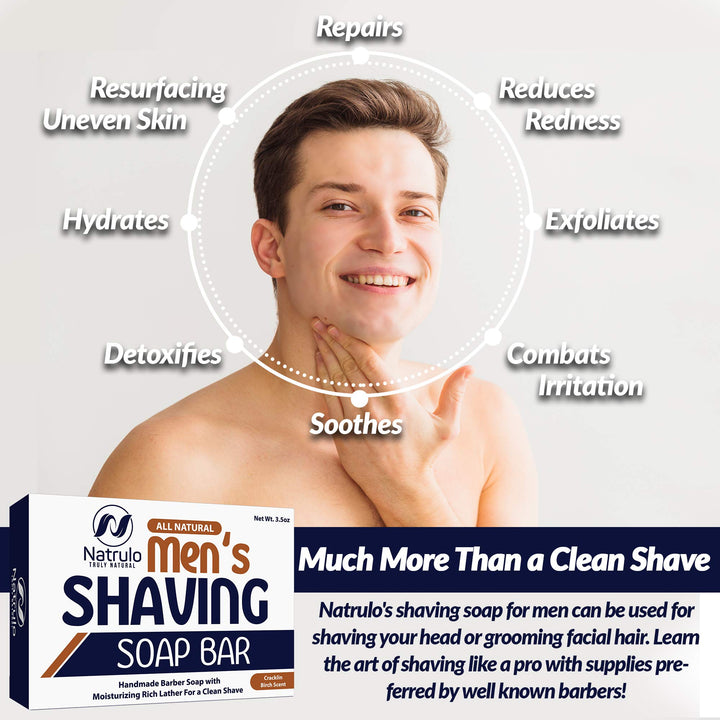 Men's All Natural Shaving Soap Bar - Moisturizing Rich Lather Handmade Barber Soap with Detoxifying Bentonite Clay, Soothing Shea Butter, Exfoliating Colloidal Oats - For Clean Shave, Reduces Redness