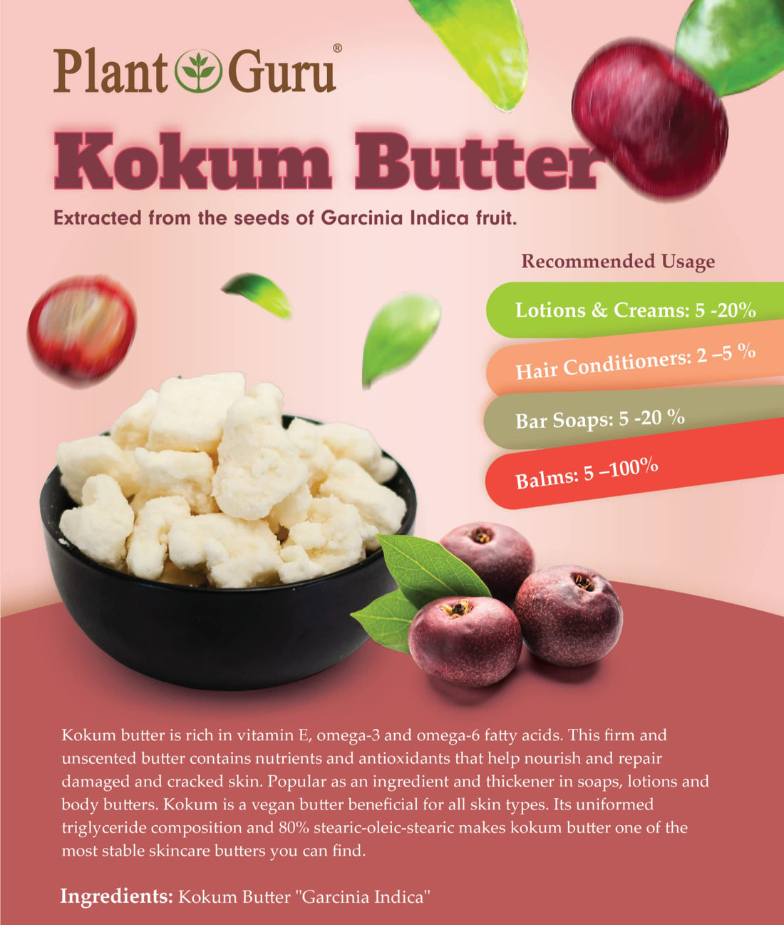 Raw Kokum Butter 1 lb. Bar 100% Pure Natural - Great for Skin, Body and Hair Moisturizer, DIY Creams, Balms, Lotions and Soap Making.