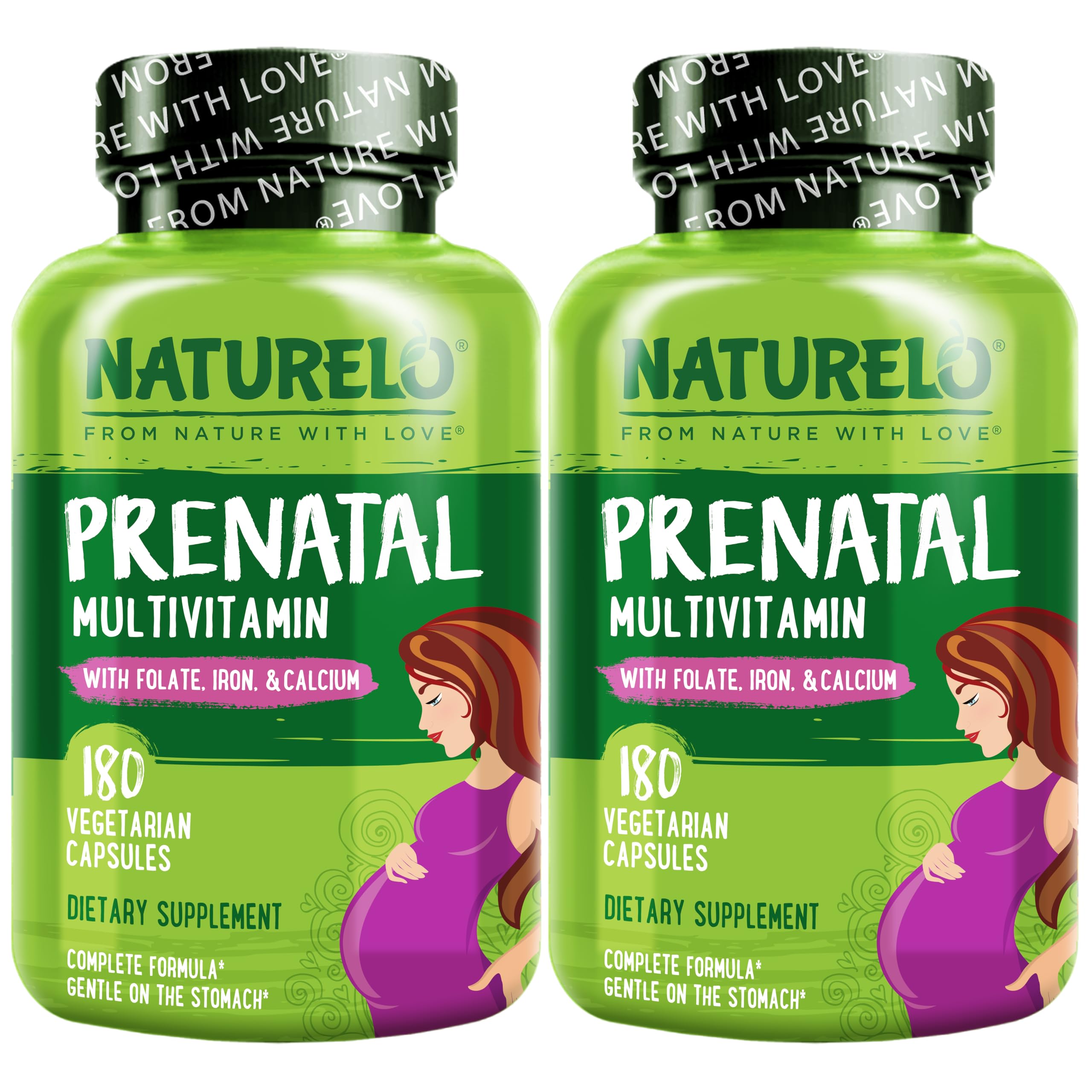 NATURELO Prenatal Multivitamin with Gentle Chelated Iron, Methyl Folate, Plant Calcium & Choline - Vegan, Vegetarian - Non-GMO - Gluten Free - 180 Capsules - 4 Month Supply (Pack of 2)