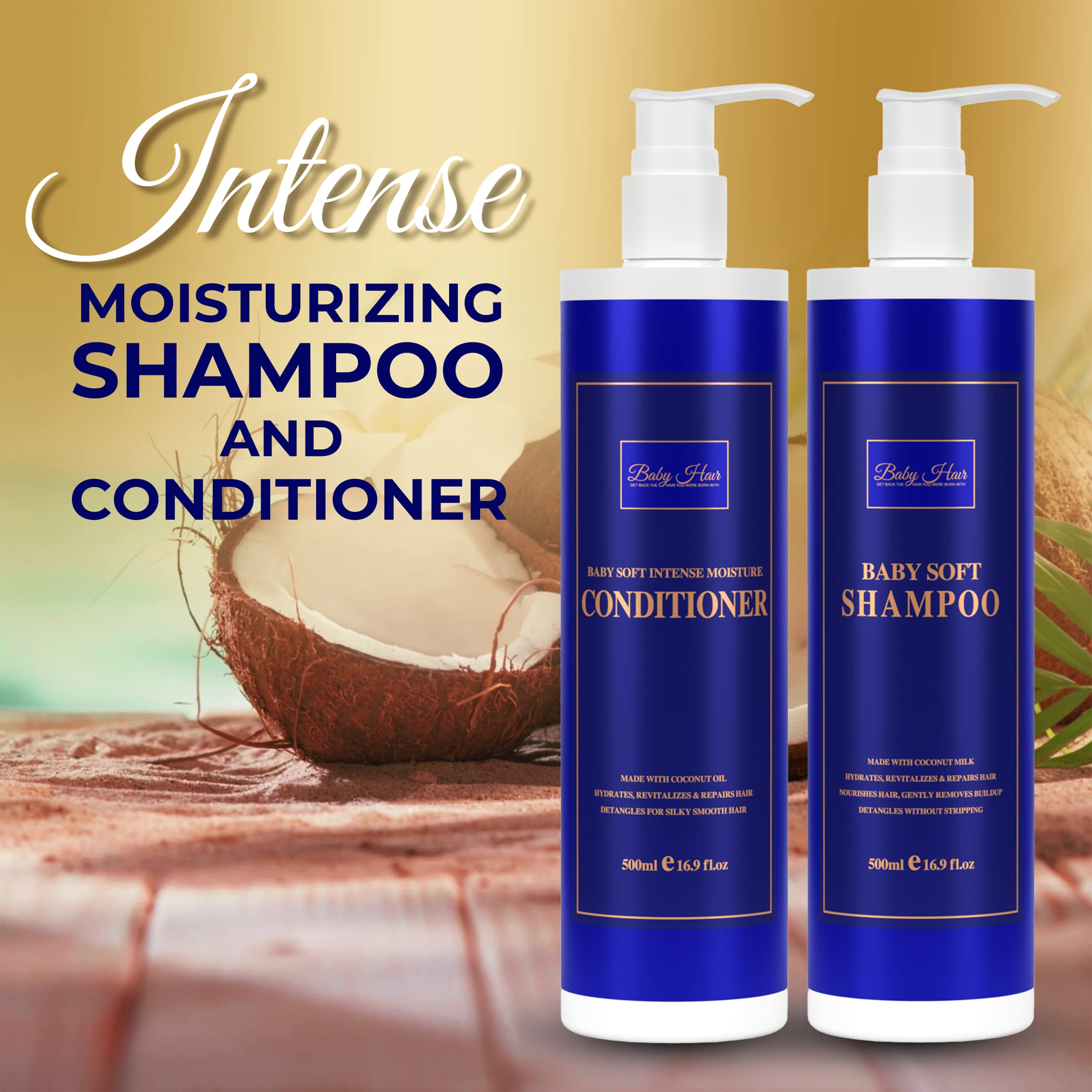 Baby Hair, Coconut Tress Intense Moisture Shampoo and Conditioner Duo - Hydrating Hair Care for All Hair Types Count Pack 33.8oz.