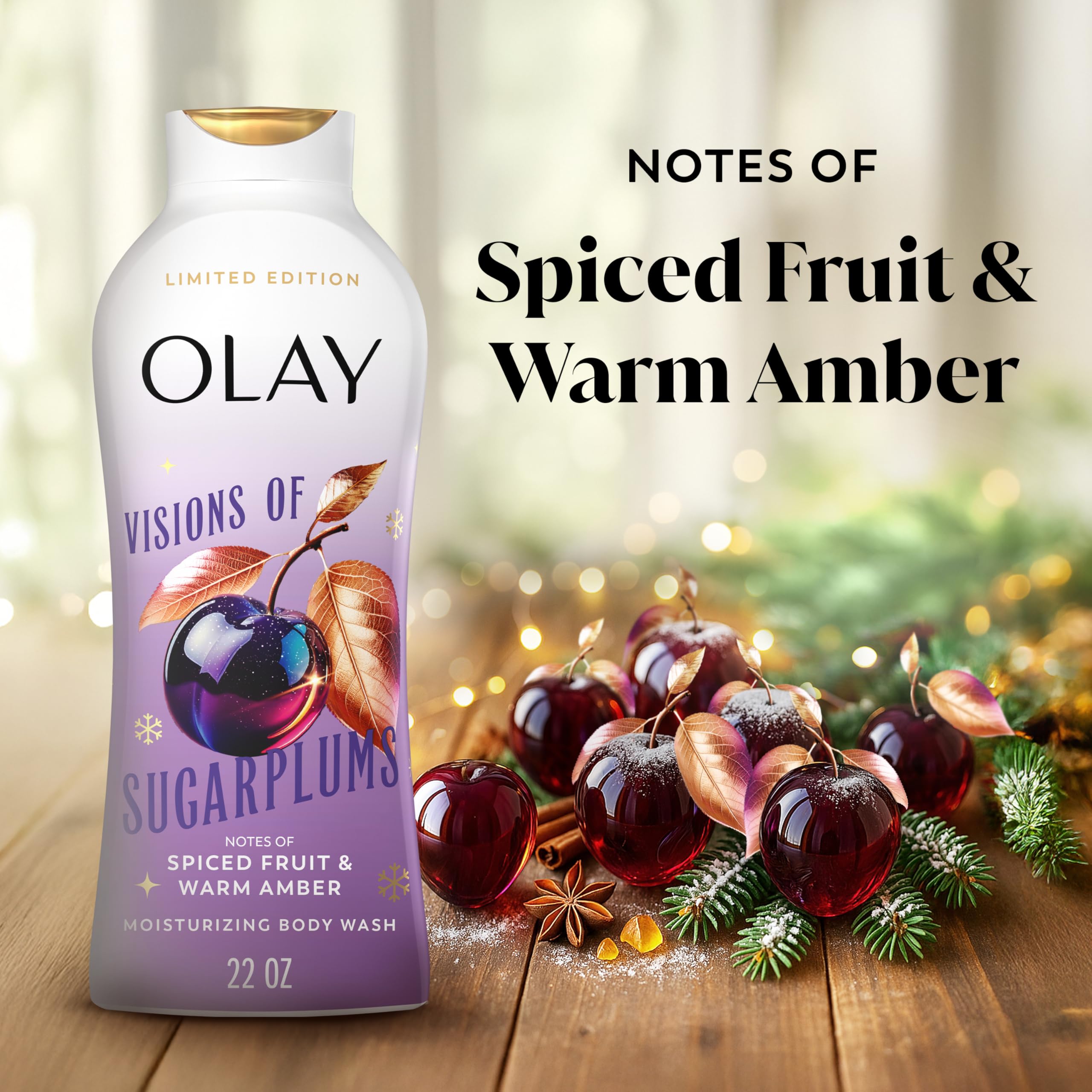 Olay Body Wash for Women, Hydrating & Moisturizing, Holiday Edition, With Plant Based Cleansers, B3 Complex, For All Skin Types, Visions of Sugarplums with Spiced Fruit & Warm Amber Scent, 22 fl oz