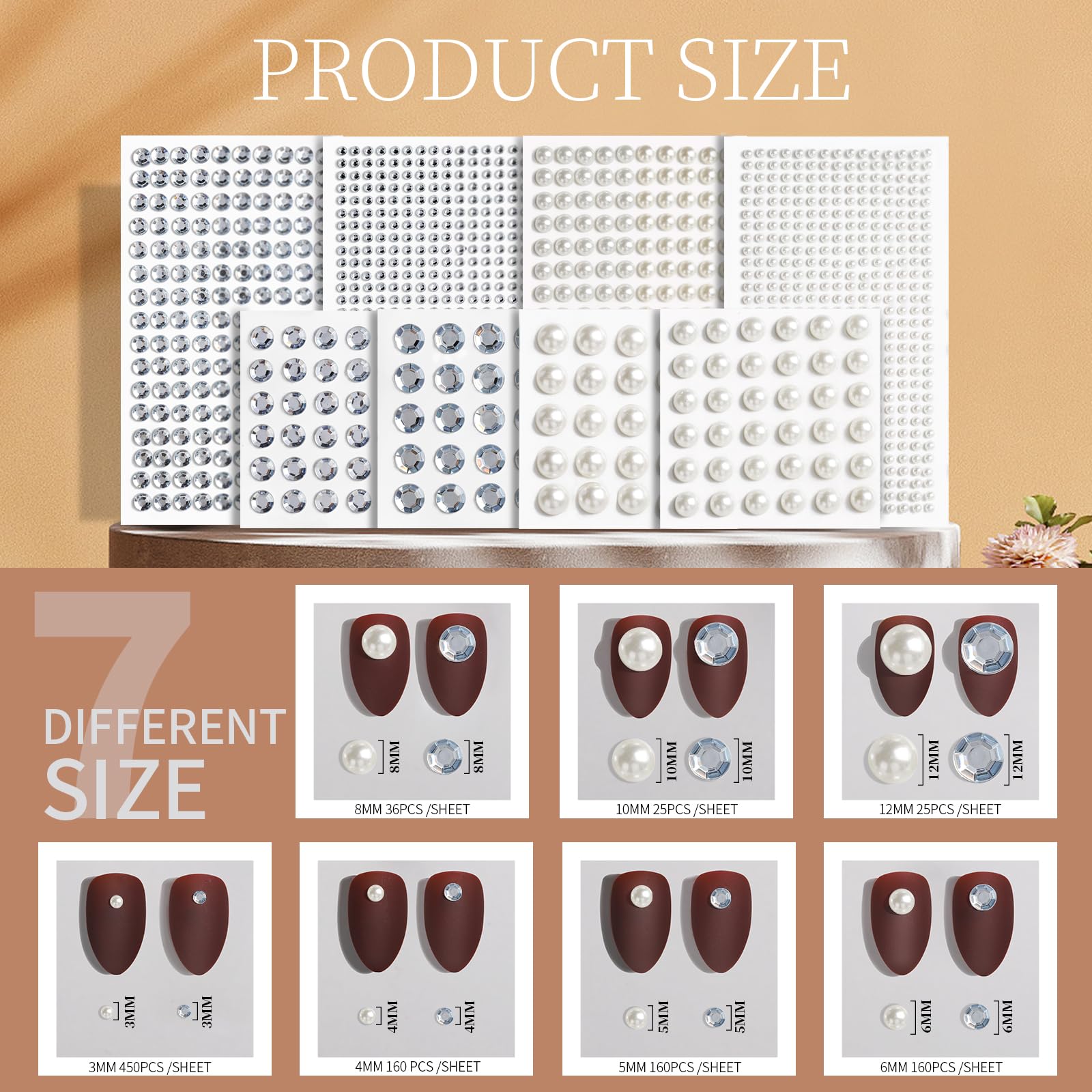 Teenitor Hair Gems and Face Gems 2032 PCS Self-Adhesive Face Gems Hair Gems Face Jewels, Face Gems Stick On Pearls for Crafts Hair Gems for Face 7Sizes 3/4/5/6/8/10/12mm