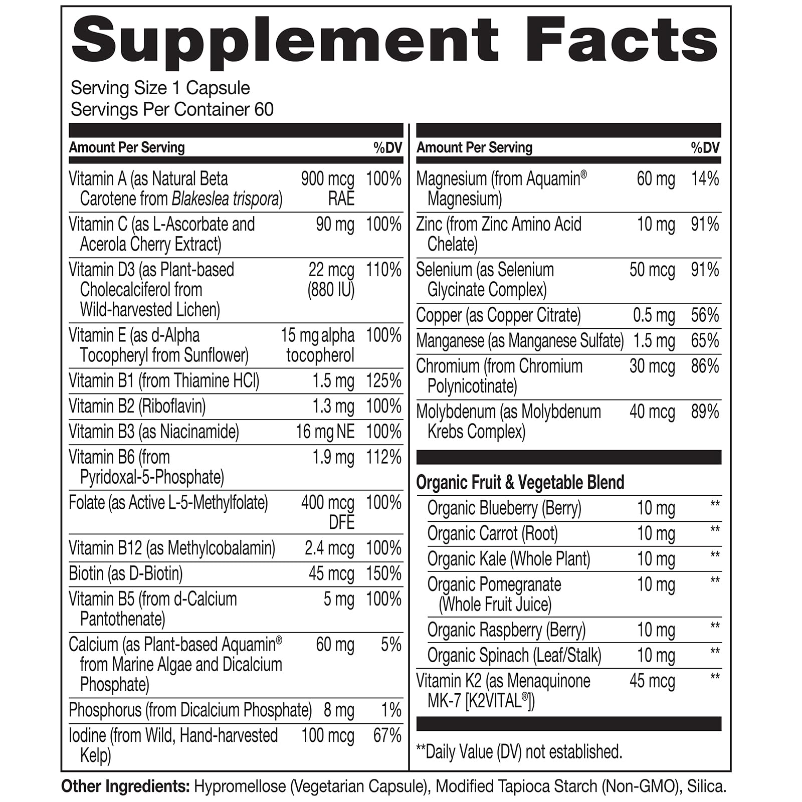 NATURELO One Daily Multivitamin for Women 50+ (Iron Free) - Menopause Support for Women Over 50 - Whole Food Supplement - Non-GMO - No Soy - 60 Capsules - 2 Month Supply