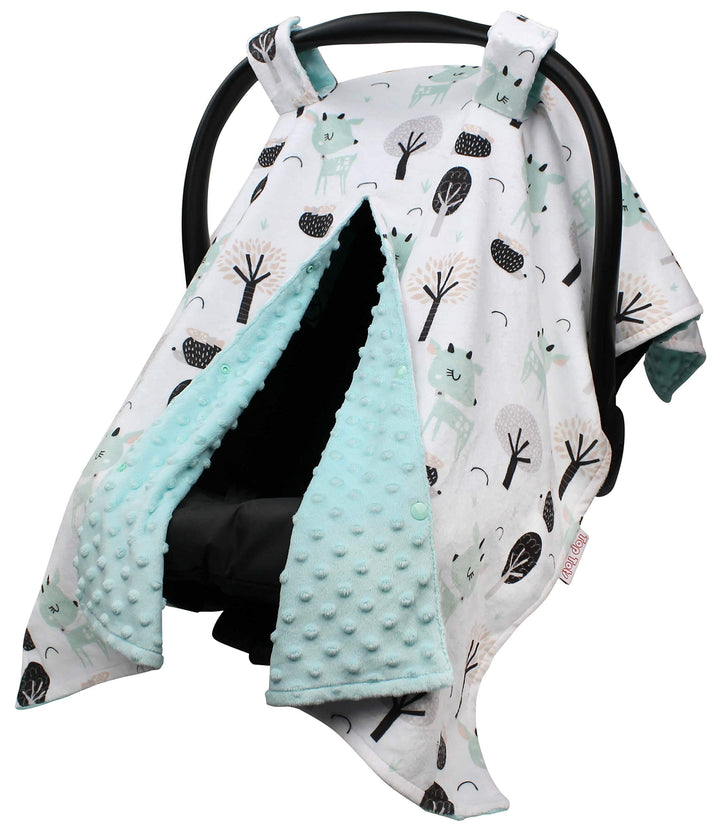 Baby Car Seat Canopy Cover - Seafoam Baby Deer and Trees with Aqua Blue Minky Dot