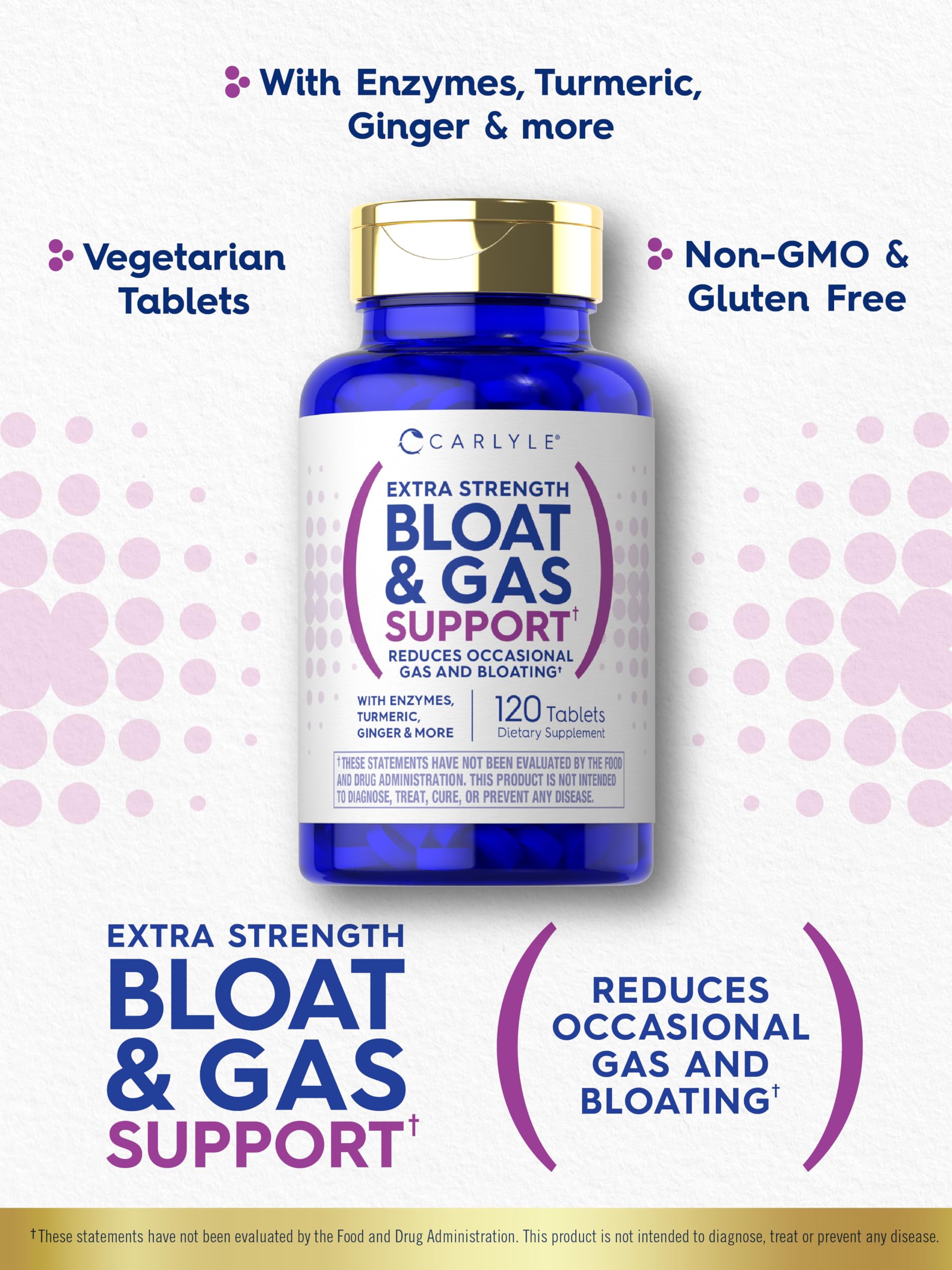 Carlyle Bloat & Gas Support for Men & Women | 120 Tablets | Extra Strength Pills | Supplement with Enzymes, Turmeric, Ginger & More | Non-GMO & Vegetarian Formula